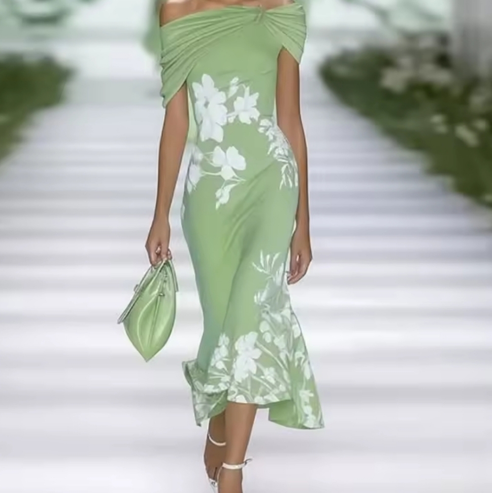 Sexy Off Shoulder Kink Draped Party Dress Woman Spring Floral Print Slim Lo - Picture 3 of 4